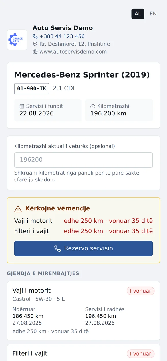 GarageData QR service history on a phone